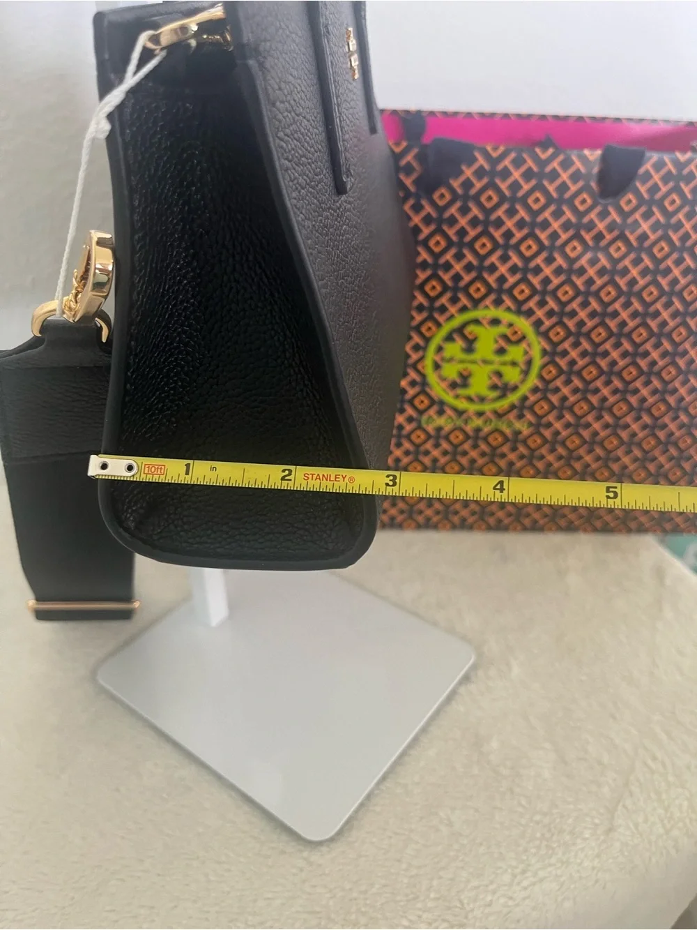 Tory Burch Black Pebbled Leather Mini Satchel with Gold Logo include paper bag